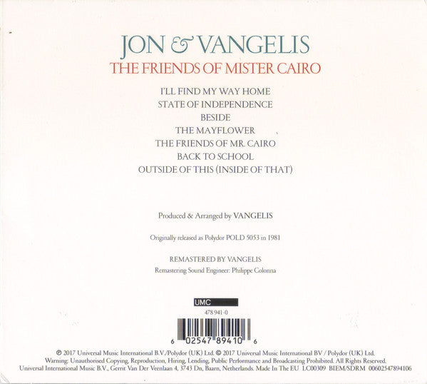 Jon & Vangelis : The Friends Of Mister Cairo (CD, Album, RE, RM, Dig)