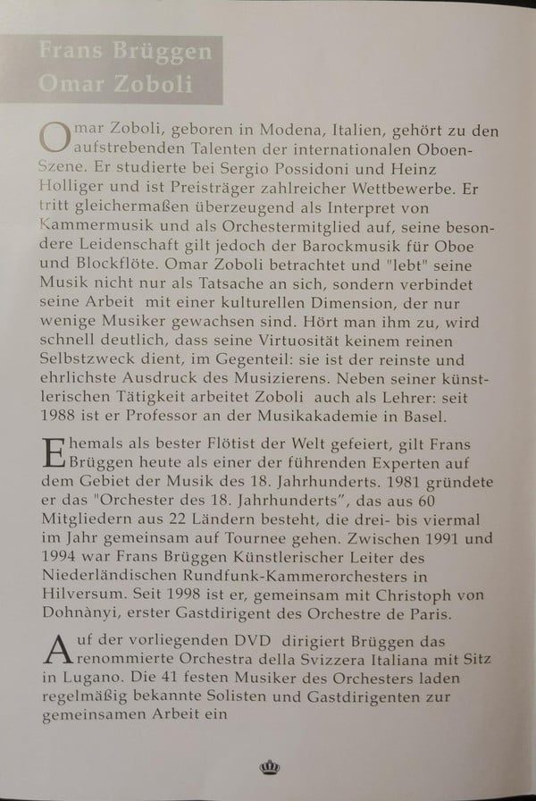 Ludwig August Lebrun, Wolfgang Amadeus Mozart / Orchestra Della Radio Televisione Della Svizzera Italiana, Frans Brüggen, Omar Zoboli : Oboe Concerto No. 1 In D Minor / Symphony No. 35 KV 385 "Haffner" (DVD-V, Multichannel)