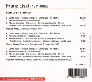 Franz Liszt - Claudio Arrau / Simon Barere / Vladimir Horowitz : Sonate En Si Mineur (CD, Comp, RE, RM)