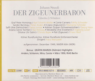 Johann Strauss Jr., Karl Schmitt-Walter, Peter Anders (2), Marianne Schröder, Sena Jurinac, Franz Marszalek : Der Zigeunerbaron  (2xCD, Album, Mono, Dig)