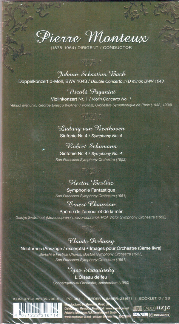 Pierre Monteux, Johann Sebastian Bach, Niccolò Paganini, Ludwig van Beethoven, Robert Schumann, Hector Berlioz, Ernest Chausson, Claude Debussy, Igor Stravinsky : The Portrait (1875-1964) Dirigent / Conductor (Box + 4xCD, Comp)