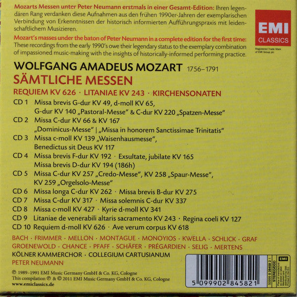 Wolfgang Amadeus Mozart -  Kölner Kammerchor, Collegium Cartusianum, Peter Neumann (2) : Sämtliche Messen = Complete Masses  & Requiem KV 626 · Litaniae KV 234  (10xCD, Comp, RM + Box)
