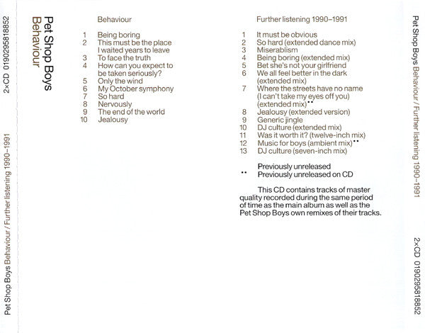 Pet Shop Boys : Behaviour / Further Listening 1990–1991 (CD, Album + CD, Album, Comp + RE, RM)