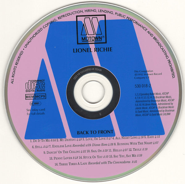Lionel Richie : Back To Front (CD, Comp, RP)