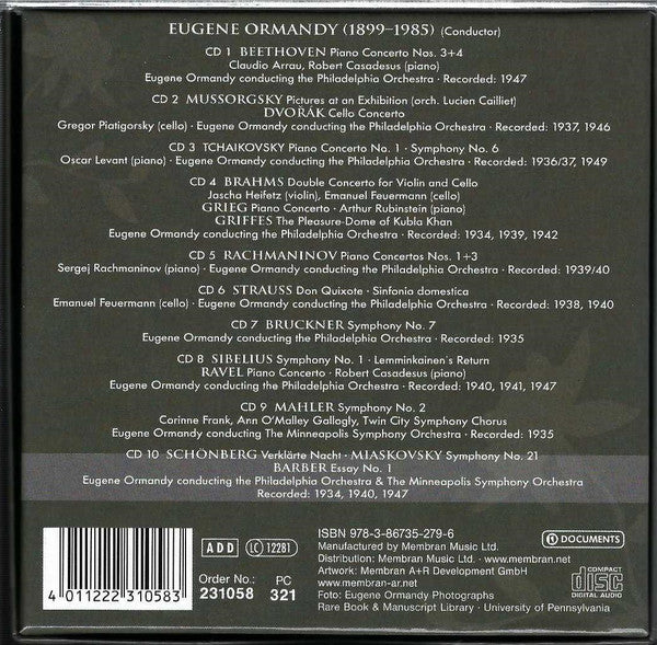 Eugene Ormandy – Ludwig van Beethoven • Modest Mussorgsky • Pyotr Ilyich Tchaikovsky • Johannes Brahms • Edvard Grieg • Charles Griffes • Sergei Vasilyevich Rachmaninoff • Richard Strauss, Various : 10 CD-Set Eugene Ormandy (1899-1985) (10xCD, Comp, Mono + Box)