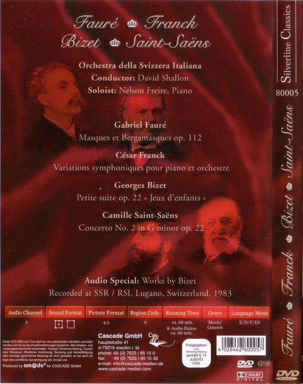 Gabriel Fauré, César Franck, Georges Bizet, Camille Saint-Saëns / Orchestra Della Radio Televisione Della Svizzera Italiana, David Shallon, Nelson Freire : Fauré: Masques Et Bergamasques Op. 112 / Franck: Variations Symphoniques Pour Piano Et Orchestre / Bizet: Petite Suite Op. 22 «Jeux D'enfants» / Saint-Saëns: Concerto No. 2 In G Minor Op. 22 (DVD-V, Multichannel, PAL)