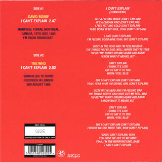 David Bowie / The Who : I Can't Explain (7", Comp, Ltd, Num, Unofficial, Red)