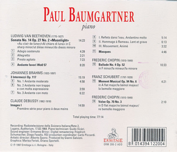 Paul Baumgartner, Ludwig van Beethoven, Johannes Brahms, Claude Debussy, Frédéric Chopin, Franz Schubert : Piano Recital (CD)