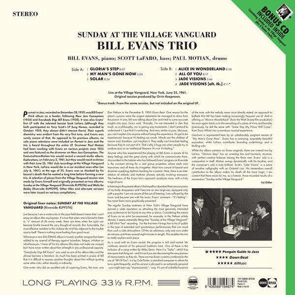 The Bill Evans Trio : Sunday At The Village Vanguard (LP, Album, RE + CD, Album, RE)