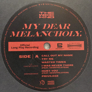 The Weeknd : My Dear Melancholy, (LP, S/Sided, EP, RSD, Etch, Ltd, RE, 180)