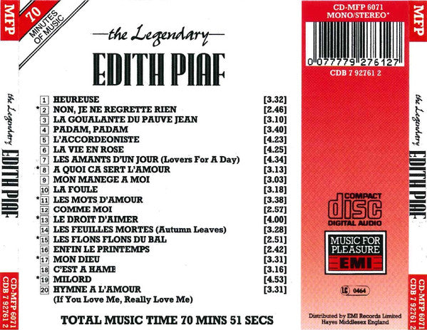 Edith Piaf : The Legendary Edith Piaf (CD, Comp)