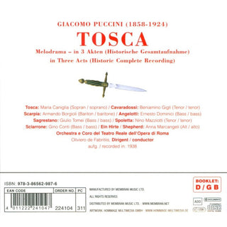Giacomo Puccini - Maria Caniglia | Beniamino Gigli | Armando Borgioli | Oliviero De Fabritiis : Tosca (2xCD, Album, RE, RM, Dig)