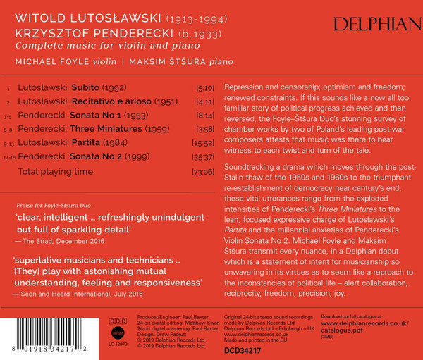Witold Lutoslawski ┃ Krzysztof Penderecki, Foyle-Štšura Duo : Complete Music For Violin And Piano (CD, Album)