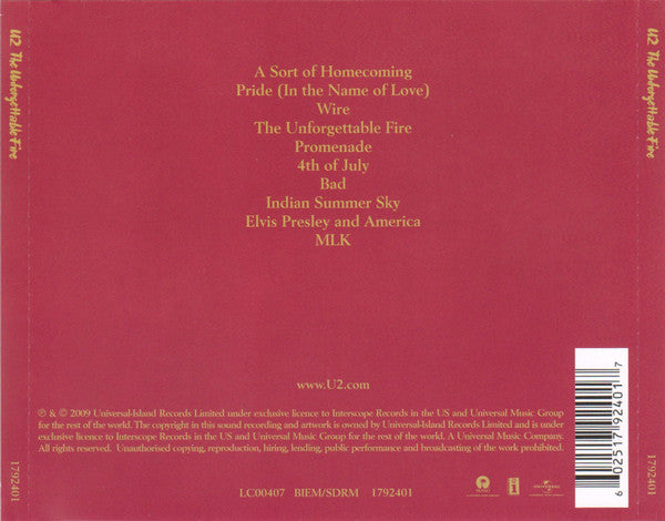 U2 : The Unforgettable Fire (CD, Album, RM, RP)