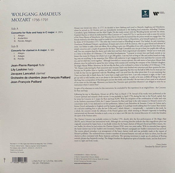 Wolfgang Amadeus Mozart - Jean-Pierre Rampal & Lily Laskine, Jacques Lancelot, Orchestre De Chambre Jean-François Paillard, Jean-François Paillard : Concerto Pour Flute & Harpe En Do Majeur, K. 297c, Concerto Pour Clarinette En La Majeur, K. 622 (LP, RM, 180)