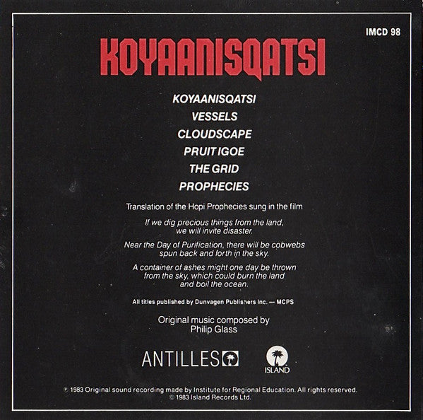 Philip Glass : Koyaanisqatsi (CD, Album, RE, PDO)