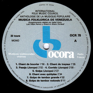Various : Musica Folklorica De Venezuela (LP, Mono, RE)