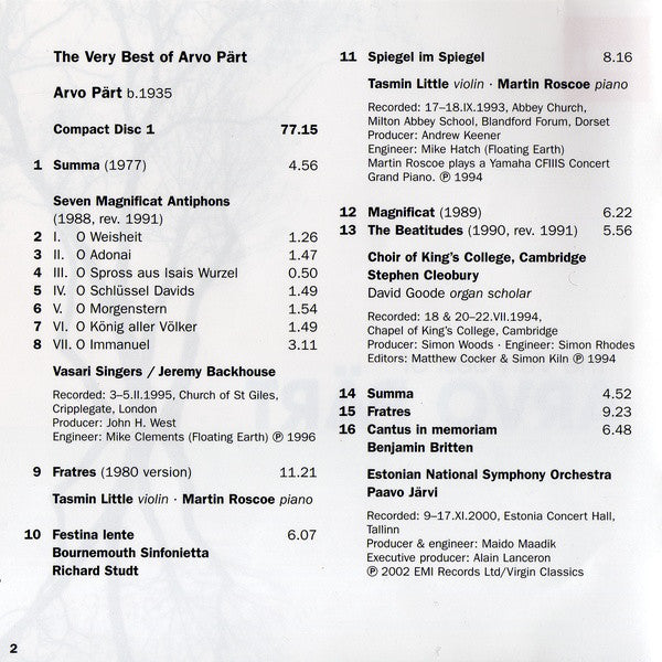 Arvo Pärt : The Very Best Of Arvo Pärt (2xCD, Comp)