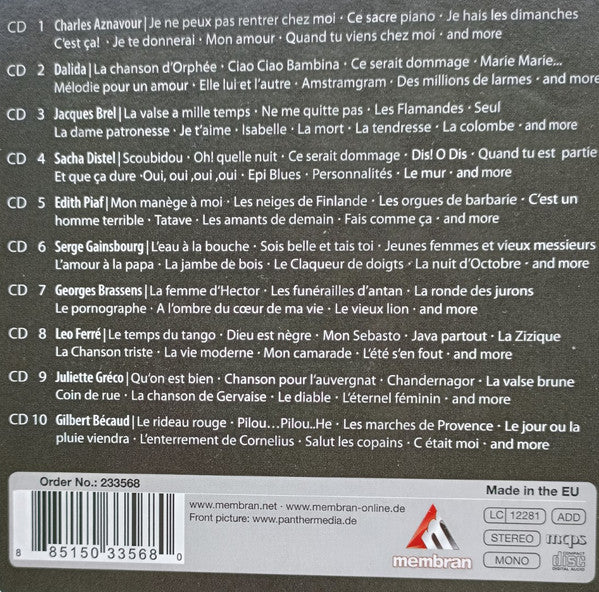 Charles Aznavour, Dalida, Jacques Brel, Sacha Distel, Edith Piaf, Serge Gainsbourg, Georges Brassens, Léo Ferré, Juliette Gréco, Gilbert Bécaud : Je Me Souviens D'une Chanson. The Golden Age Of Chanson (10xCD, Comp)
