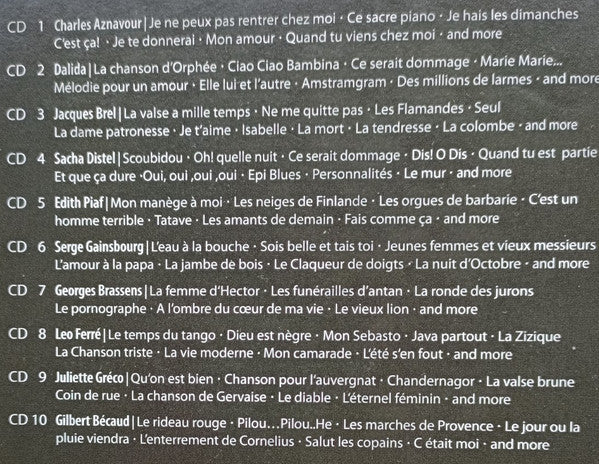Charles Aznavour, Dalida, Jacques Brel, Sacha Distel, Edith Piaf, Serge Gainsbourg, Georges Brassens, Léo Ferré, Juliette Gréco, Gilbert Bécaud : Je Me Souviens D'une Chanson. The Golden Age Of Chanson (10xCD, Comp)