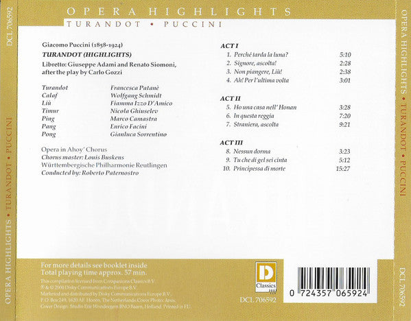 Giacomo Puccini - Francesca Patanè, Wolfgang Schmidt (3), Fiamma Izzo D'Amico, Württembergische Philharmonie Reutlingen, Roberto Paternostro : Turandot (CD, Album)