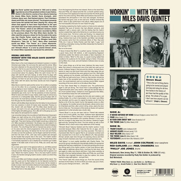 The Miles Davis Quintet : Workin’ With The Miles Davis Quintet (LP, Album, RE, DMM)