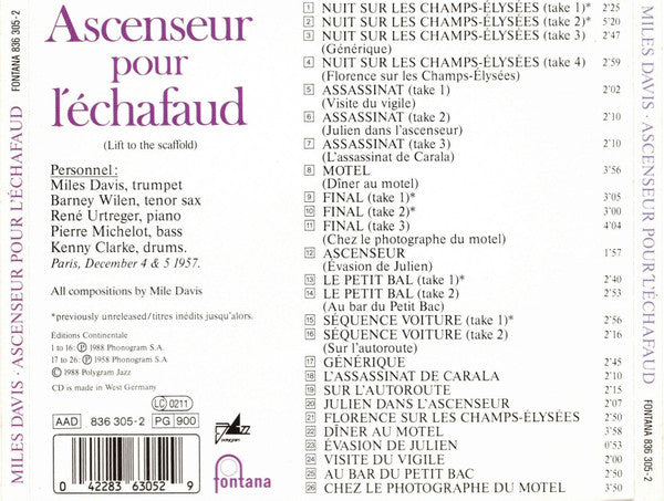 Miles Davis : Ascenseur Pour L'Échafaud (Lift To The Scaffold) (CD, Album, RE)