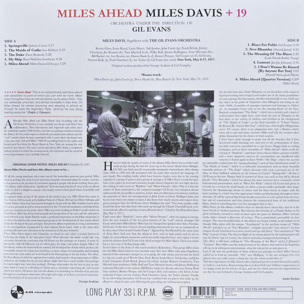 Miles Davis + 19 - Orchestra Under The Direction Of Gil Evans : Miles Ahead (LP, Album, RE)