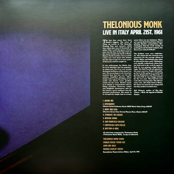 Thelonious Monk : Live In Italy April 21st, 1961 (LP, Album, Ltd, RE, Gat)