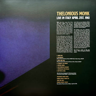 Thelonious Monk : Live In Italy April 21st, 1961 (LP, Album, Ltd, RE, Gat)