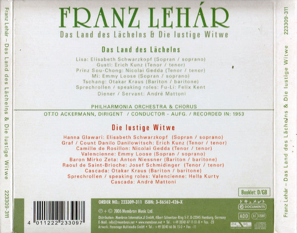Franz Lehár - Elisabeth Schwarzkopf, Nicolai Gedda, Erich Kunz, Emmy Loose, Otakar Kraus, Philharmonia Orchestra, Otto Ackermann : Das Land Des Lächelns / Die Lustige Witwe (2xCD, Mono)