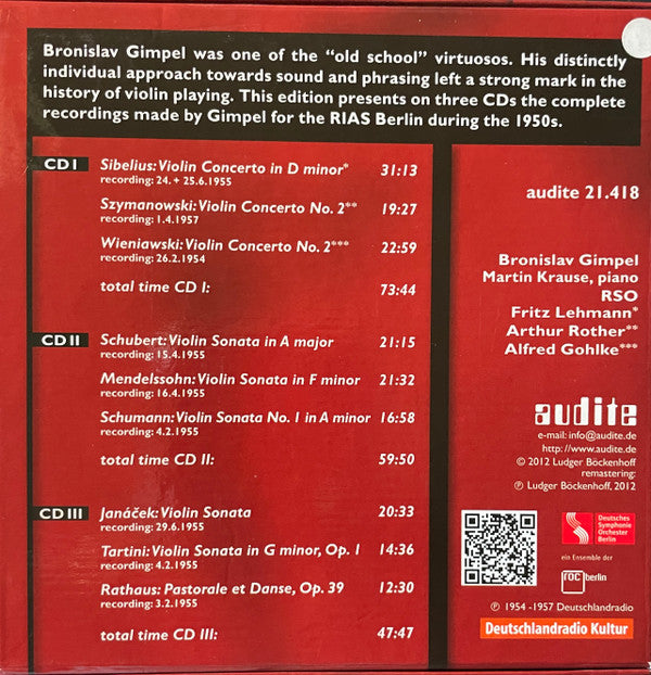 Bronislaw Gimpel : Violin Concertos & Sonatas . Berlin 1954-1957 (3xCD, Comp + Box, Comp)