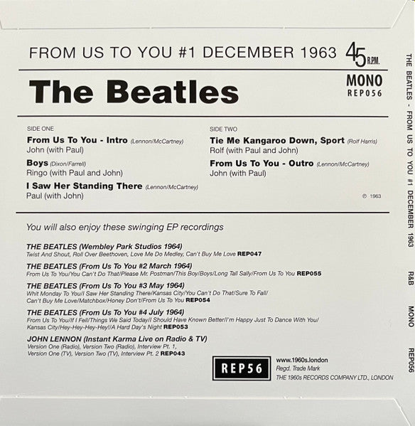 The Beatles : From Us To You #1  (7", EP, Mono, Unofficial)