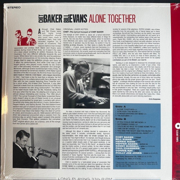 Chet Baker, Bill Evans : Alone Together  (LP, Album, Ltd, RE, Cry)