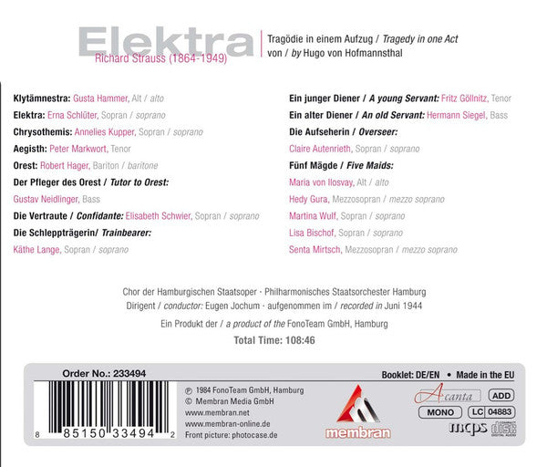Richard Strauss - Erna Schlüter · Gusta Hammer · Annelies Kupper · Robert Hager (3) · Eugen Jochum : Elektra (2xCD, Mono, RM)