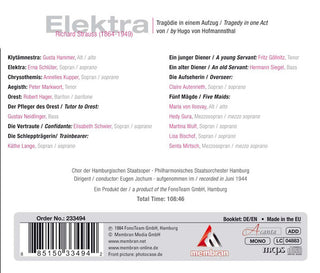 Richard Strauss - Erna Schlüter · Gusta Hammer · Annelies Kupper · Robert Hager (3) · Eugen Jochum : Elektra (2xCD, Mono, RM)