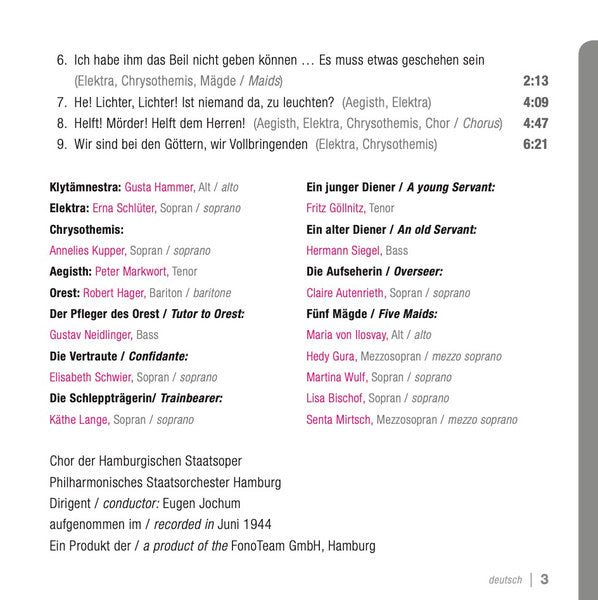 Richard Strauss - Erna Schlüter · Gusta Hammer · Annelies Kupper · Robert Hager (3) · Eugen Jochum : Elektra (2xCD, Mono, RM)