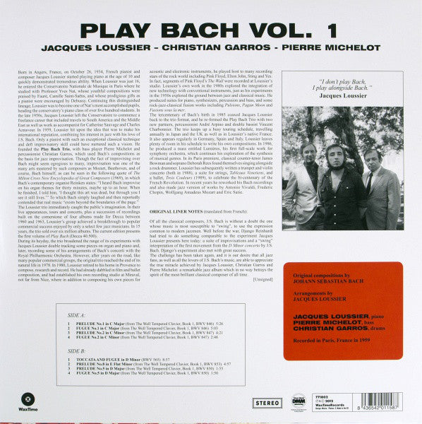 Jacques Loussier / Christian Garros / Pierre Michelot : Play Bach No.1 (LP, Album, Ltd, RE, RM, 180)