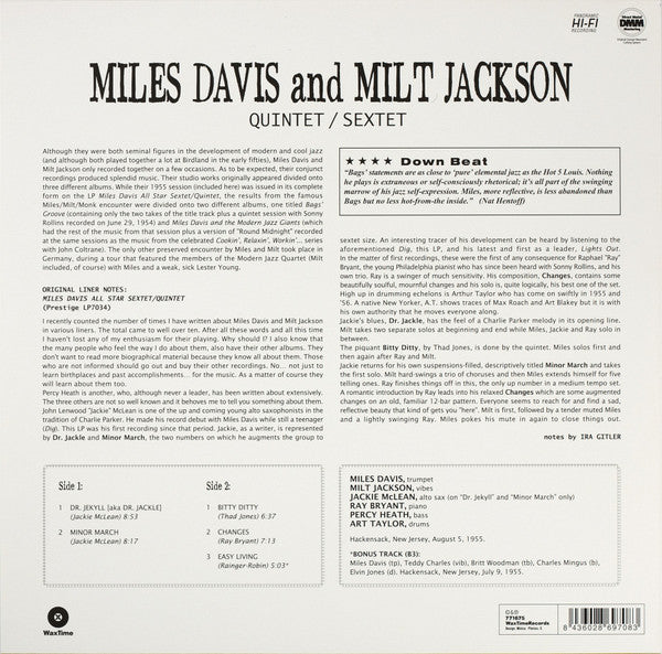 Miles Davis And Milt Jackson : Quintet / Sextet (LP, Album, Mono, RE, 180)