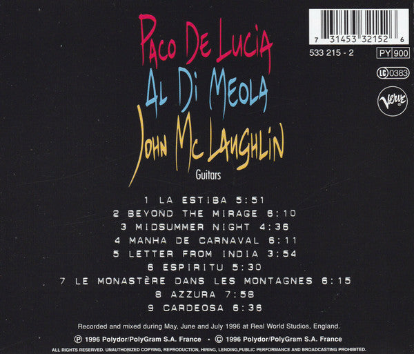 Paco De Lucía, Al Di Meola, John McLaughlin : The Guitar Trio (CD, Album, RE)