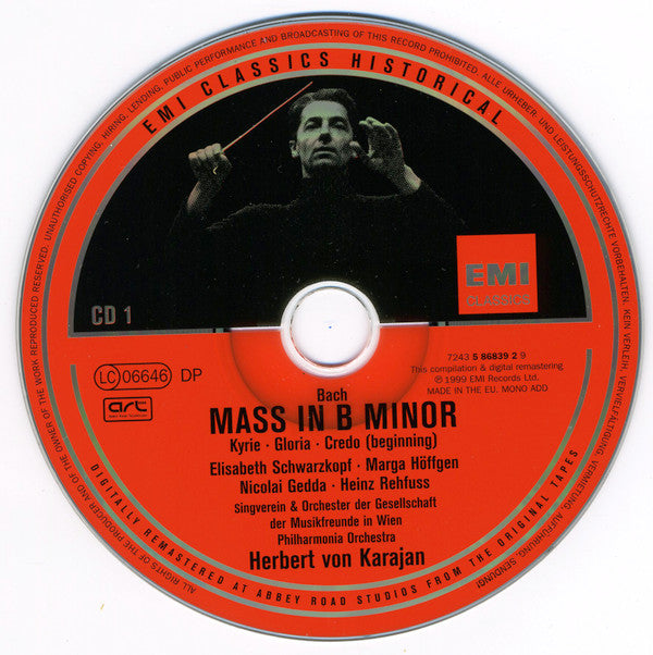 Johann Sebastian Bach / Elisabeth Schwarzkopf, Marga Höffgen, Nicolai Gedda, Heinz Rehfuss, Kathleen Ferrier, Wiener Singverein, Philharmonia Orchestra, Herbert von Karajan : Mass In B Minor (2xCD, Mono, RM)