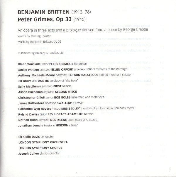 Benjamin Britten - Sir Colin Davis, London Symphony Orchestra, Glenn Winslade, Janice Watson, Anthony Michaels-Moore, Catherine Wyn-Rogers, Jill Grove, James Rutherford, Jonathan Lemalu : Peter Grimes (3xCD)