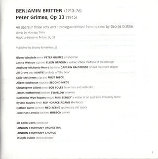 Benjamin Britten - Sir Colin Davis, London Symphony Orchestra, Glenn Winslade, Janice Watson, Anthony Michaels-Moore, Catherine Wyn-Rogers, Jill Grove, James Rutherford, Jonathan Lemalu : Peter Grimes (3xCD)