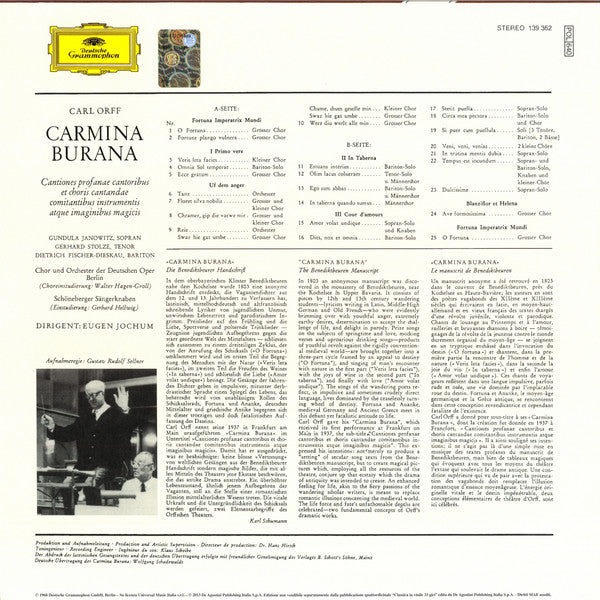 Carl Orff • Gundula Janowitz ∙ Gerhard Stolze ∙ Dietrich Fischer-Dieskau, Chor der Deutschen Oper Berlin Und Orchester Der Deutschen Oper Berlin , Dirigent: Eugen Jochum : Carmina Burana (LP, RE, S/Edition, 180)